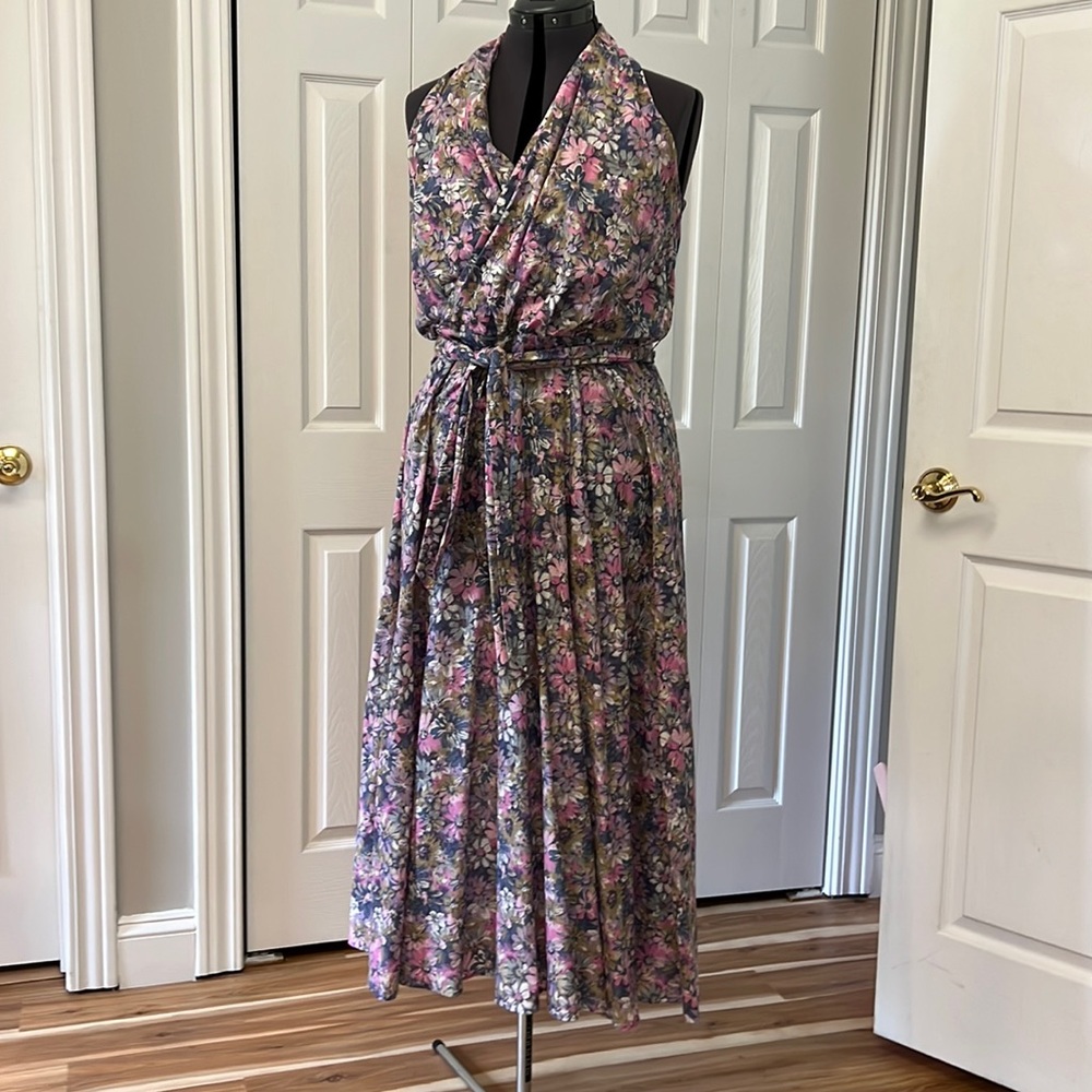 Handmade lavender and blue floral cotton voile dress size 14